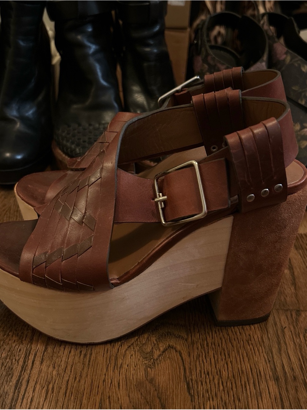 Women’s Brown Woven Leather Platform Sandal with Buckle